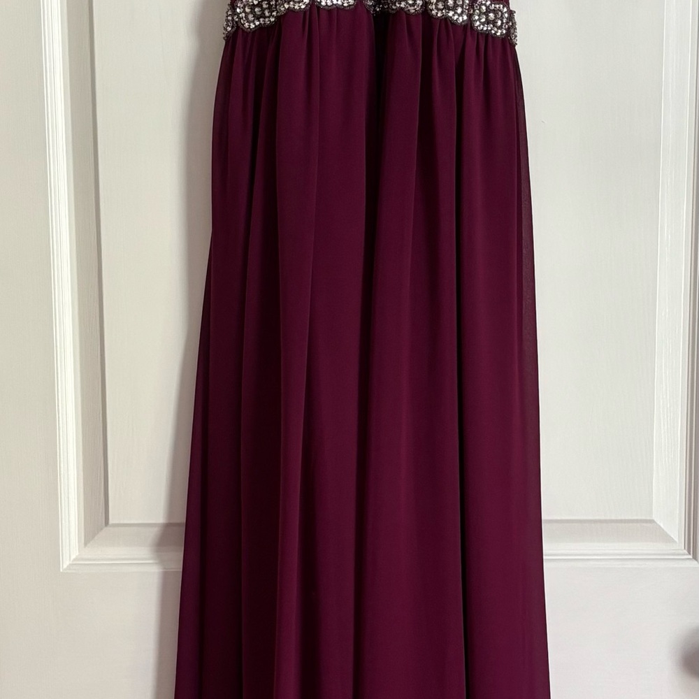 Jodi Kristopher Burgundy Prom Dress with Silver Accents
